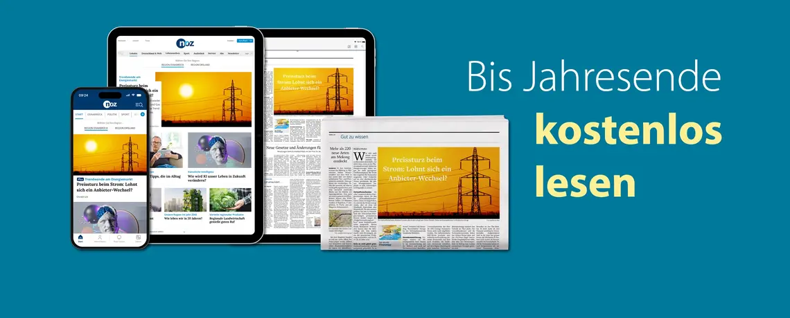 Die NOZ auf dem Smartphone, Tablet als Website und als E-Paper sowie in gedruckter Form. Daneben steht "Bis Jahresende kostenlos lesen".