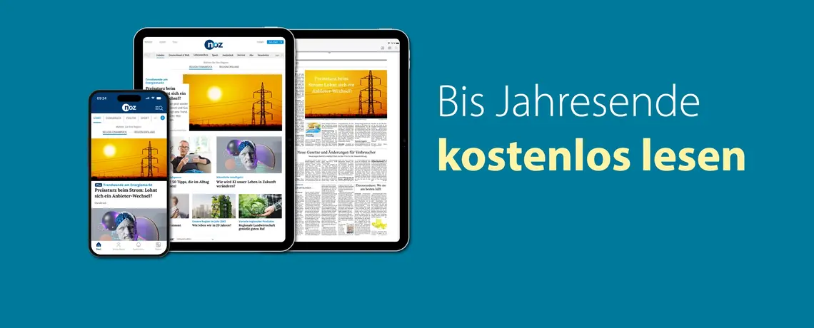 Die NOZ auf dem Smartphone und Tablet als Website und als E-Paper. Daneben steht "Bis Jahresende kostenlos lesen".