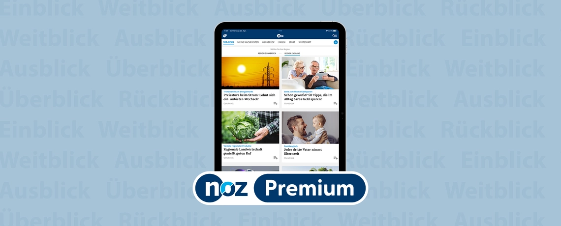 Tablet zeigt NOZ Premium-Newsartikel, darunter Themen wie Strompreise, Spartipps und regionale Landwirtschaft.