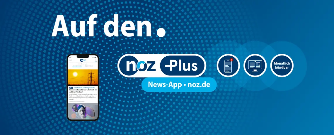 NOZ Plus auf dem Smartphone mit Slogan „Auf den Punkt“ – News-App, Website und monatlich kündbar hervorgehoben.