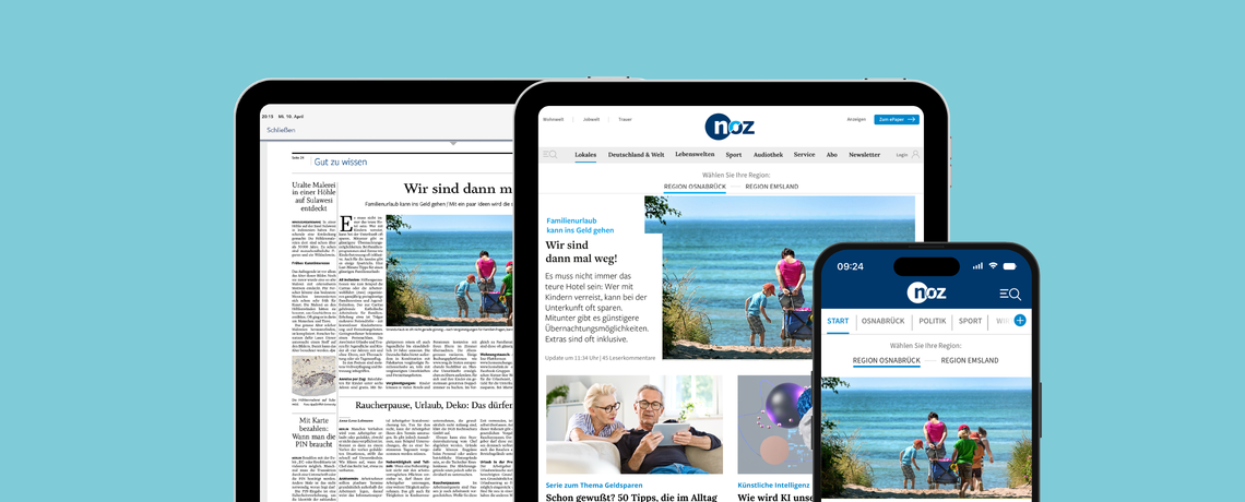 Tablet mit noz E-Paper und Tablet mit noz Website nebeneinander, daneben Handy mit noz News-App. Hintergrund in türkis.