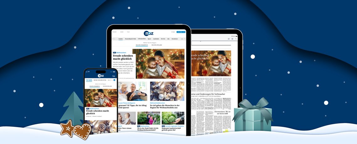 Weihnachtliche Optik mit Tablet mit E-Paper Screen, Tablet mit noz.de und Handy mit News-App