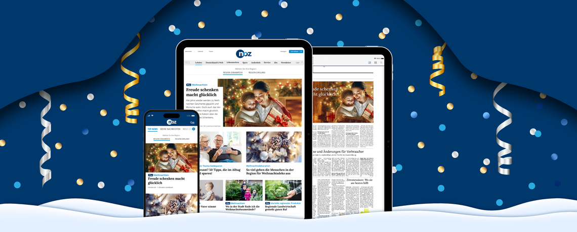 Silvester-Optik mit Tablet mit E-Paper Screen, Tablet mit noz.de und Handy mit News-App