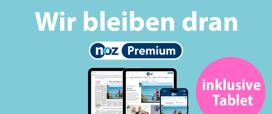 Abbildung vom Angebot noz Premium mit der Headline "Wir bleiben dran" & dem Text "inklusive Tablet"