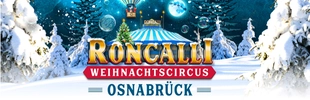 Winterlandschaft mit Zirkuszelt und Logo Roncalli