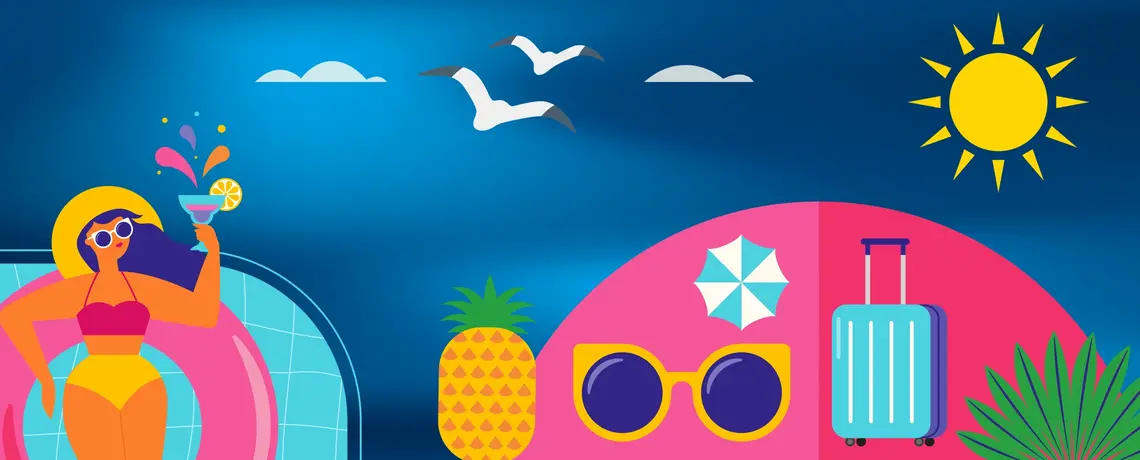 Abbildung einer Frau im Bikini, Ananas, Sonnenbrille, Koffer, Sommermotive