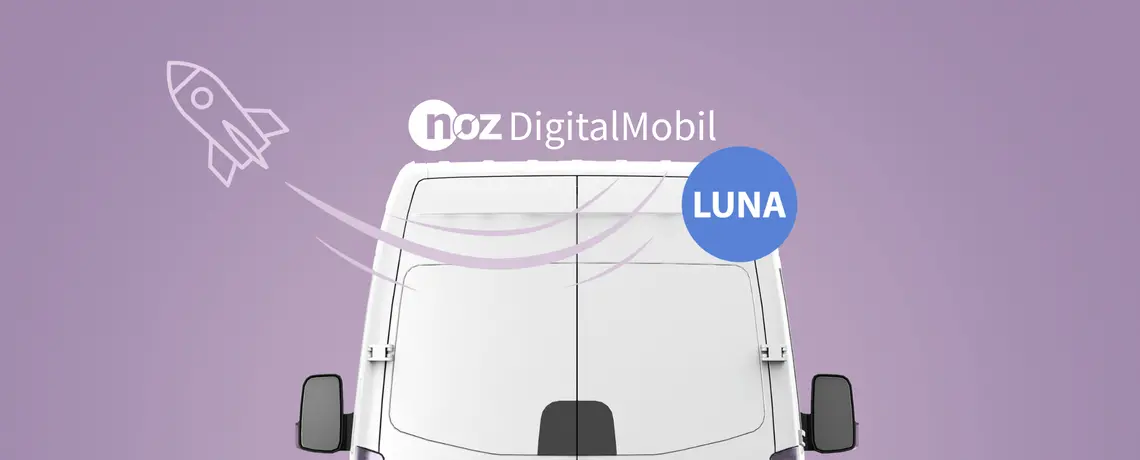 noz digitalmobil mit dem Namen Luna. Ein Bulli von hinten und eine grafische Rakete ist zu sehen.