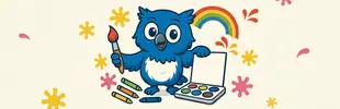 Maskottchen Ole hat Stifte und Farbpalette in der Hand