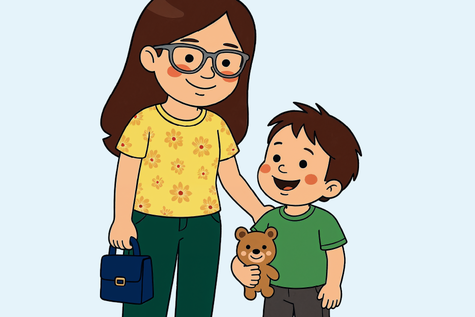 Frau mit braunen Haaren, Brille und geblümten T-Shirt mit kleinem Sohn