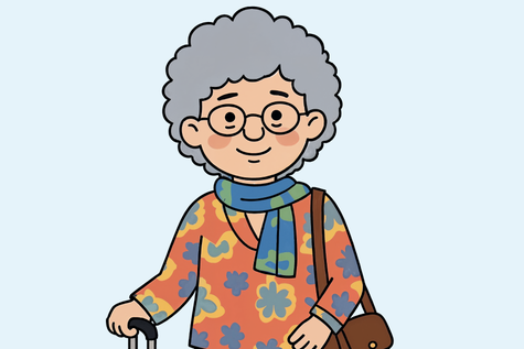 Frau mit grauen Haaren, geblümten Shirt