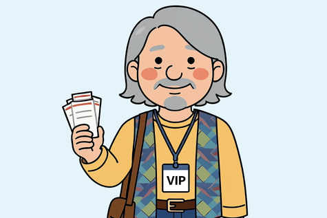 Mann mittleren Alters mit grauen Haaren und VIP-Ticket um den Hals