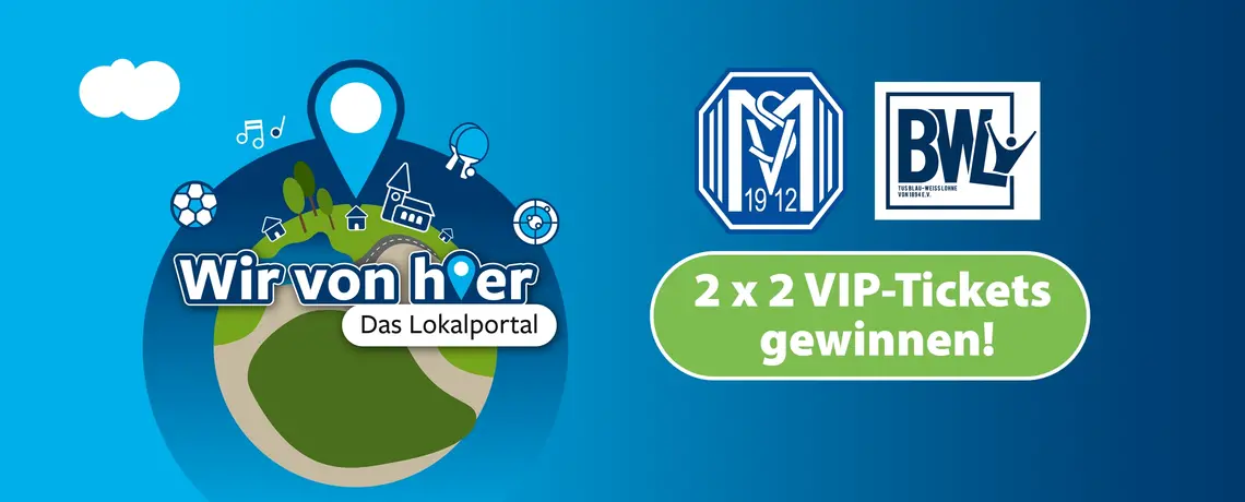 Wir von hier Logo - gemeinsam mit dem Logo der Fußballvereine SV Meppen und BW Lohne und dem Hinweis, dass zwei mal zwei Vip-Ticktes gewonnen werden können.