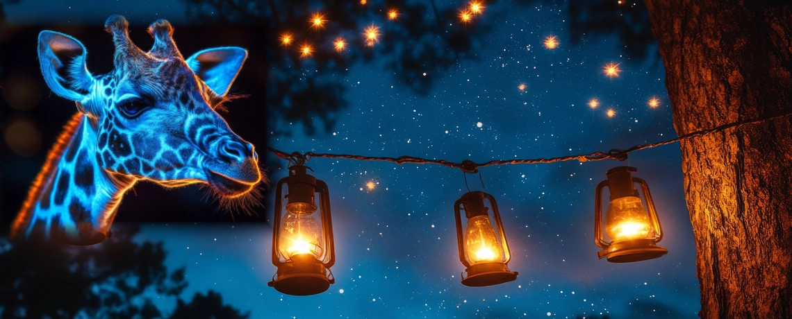 Giraffe mit Abendstimmung und Lichterkette