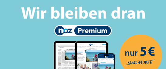 Abbildung vom Angebot noz Premium mit der Headline "Wir bleiben dran" & dem Preis "nur 5 € statt 41,90 €