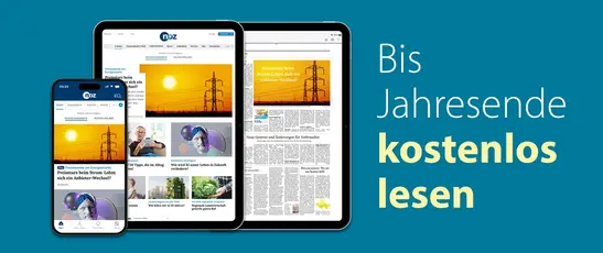 Abbildung der digitalen Produkte von noz Premium mit Text daneben "Bis Jahresende kostenlos lesen"
