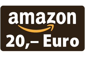 Amazon-Gutschein im Wert von 20 Euro auf braunem Hintergrund mit Amazon-Logo.