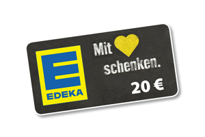 EDEKA-Gutschein im Wert von 20 Euro vor schwarzem Hintergrund mit EDEKA-Logo.