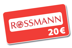 Rote Rossmann-Geschenkkarte im Wert von 20 Euro mit weißem Logo und Schrift auf schräg gestellter Karte.