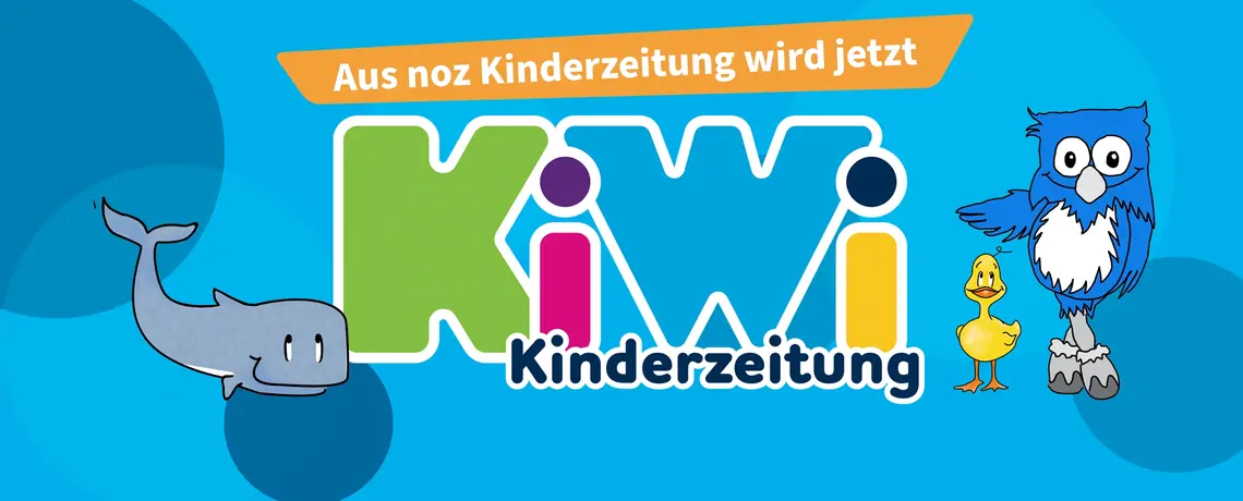Logo KiWi-Kinderzeitung mit Maskottche Ole, Piet und Paula