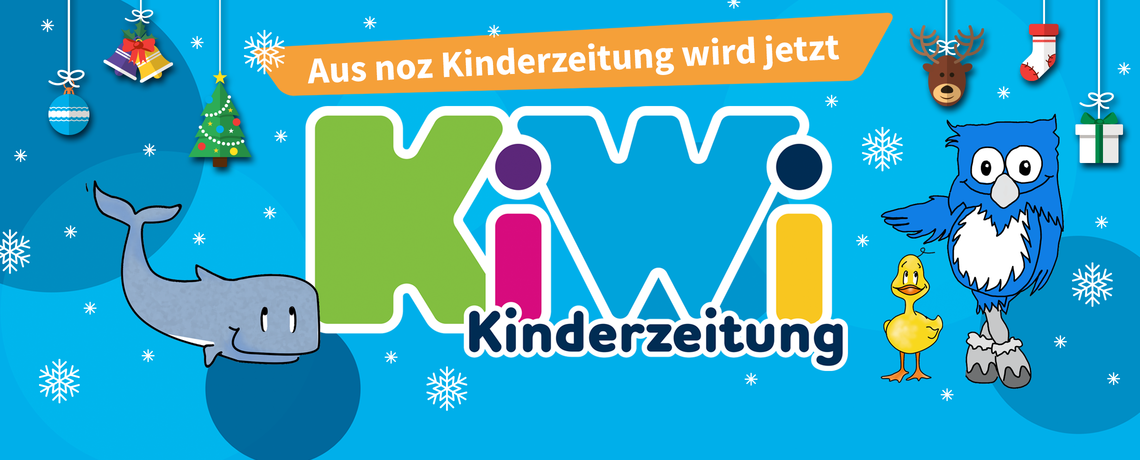 Logo KiWi-Kinderzeitung mit Maskottche Ole, Piet und Paula